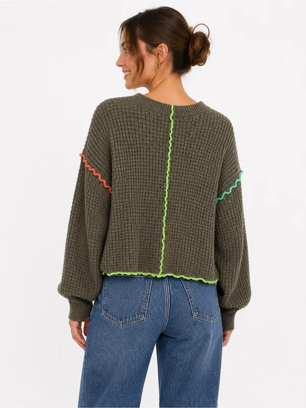 New IN Women’s Waffle Knit Sweater Medium Brown Neon Contrast Stitch - Image 15