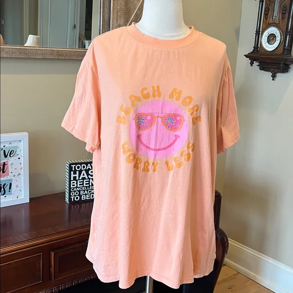 Beach More Worry Less Smiley Face Sunglasses Peach Women’s XL Pink Lily TShirt - Image 4