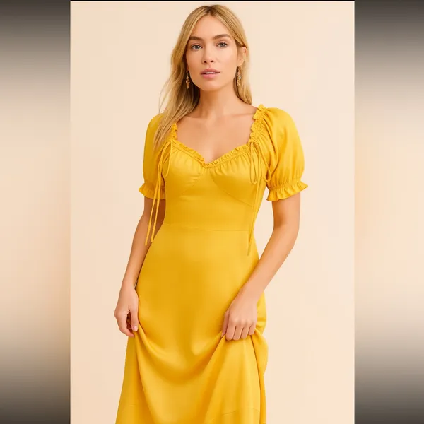 👗🌺Anthropologie Yellow Midi Dress M 6 8 Boho Cottagecore Puff Sleeve Ruffle Trim - Image 5