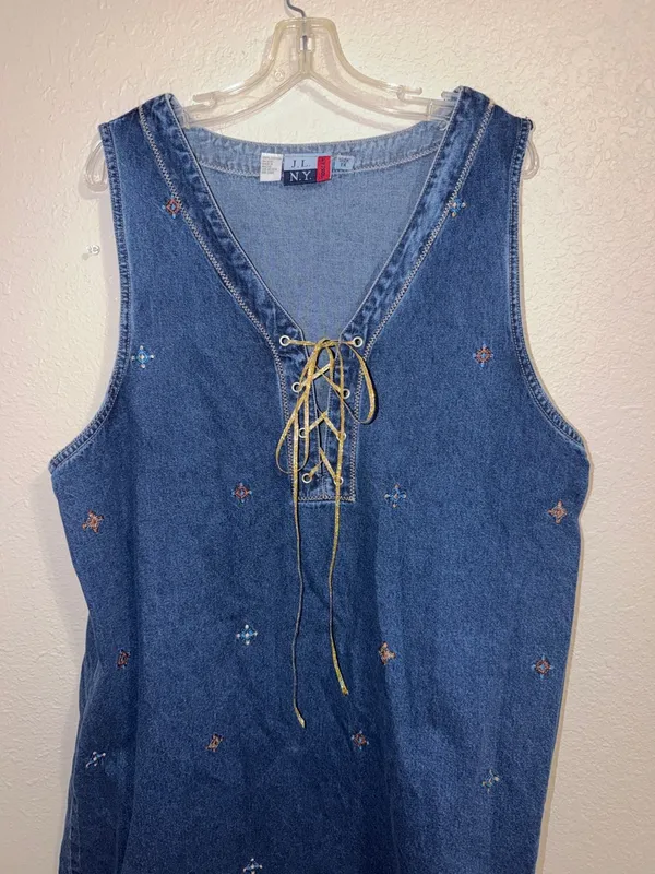 Vintage Jean dress embroidered Aztec designs geometric Denim Jumper cottagecore - Image 3