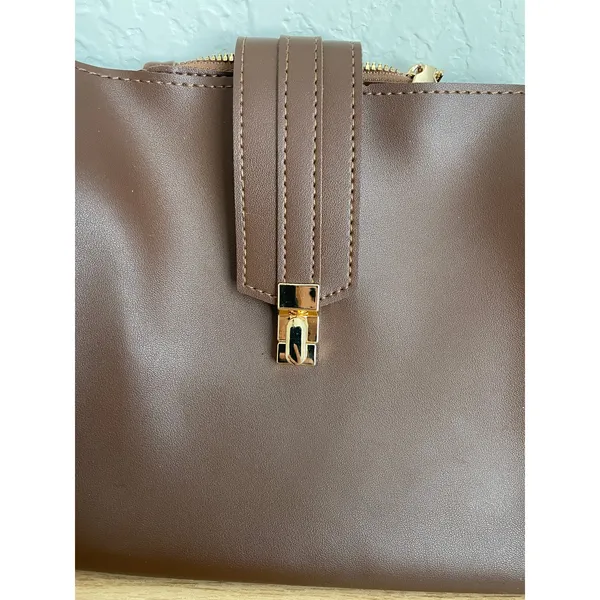 Brown Faux Leather Bag Black Cream Chevron Strap - Image 4