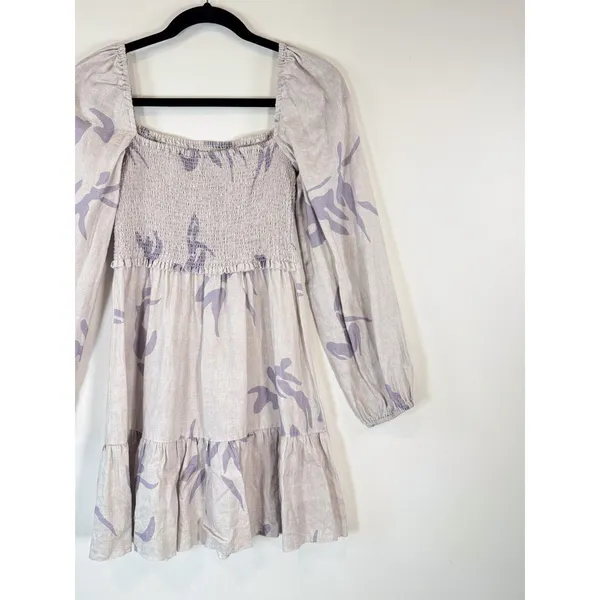 Aritzia Babaton Dress Gray Mini Floral Organic Linen Smocked Babydoll Boho Small - Image 7