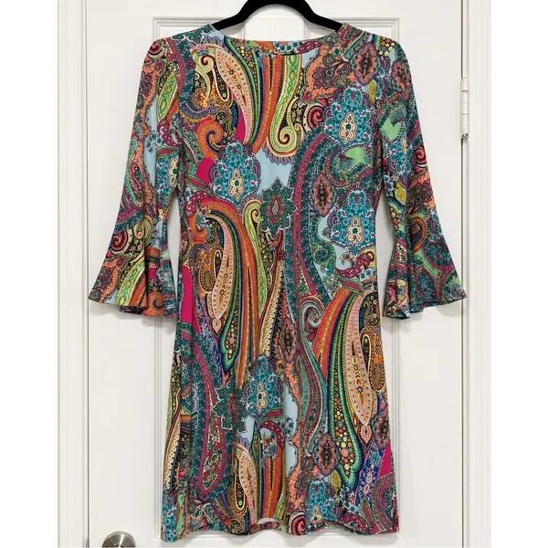 Tommy Hilfiger Petite 4P Multicolor Paisley Bell Sleeve Shift Dress Boho - Image 2