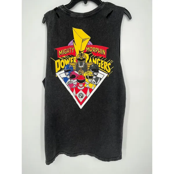 Mighty Morphin Power Rangers Distressed‎ Acid Wash Muscle Tank Top Women S Gray - Image 4