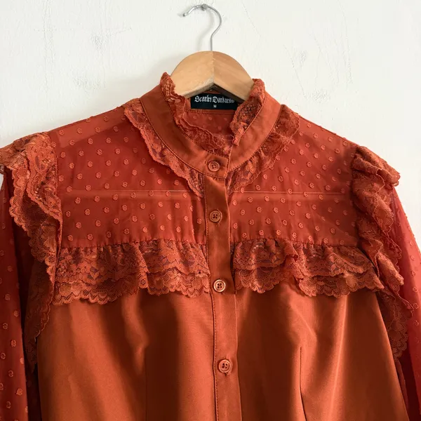 SCARLET DARKNESS Burnt Orange Victorian Style Lace Yoke Lace up Blouse Medium - Image 3