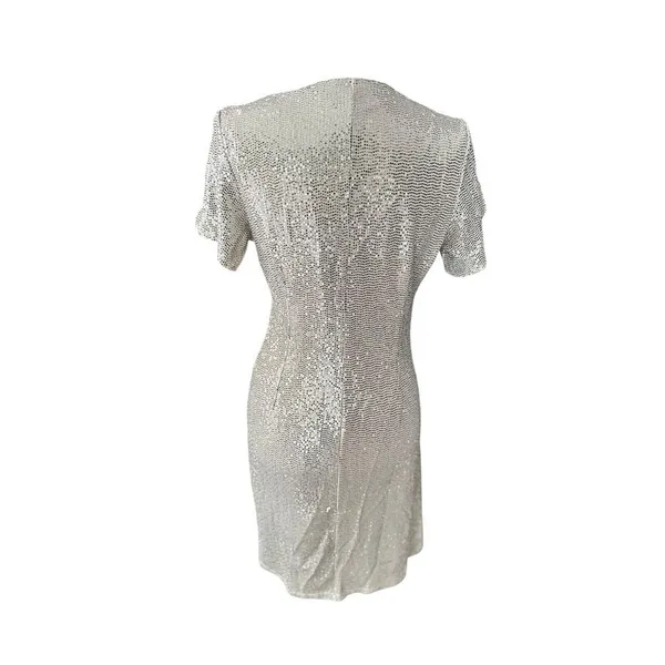 JM Studio John Meyer Silver Sequin Dress 12 Stretch Metallic Fabric Wrap Party‎ - Image 4