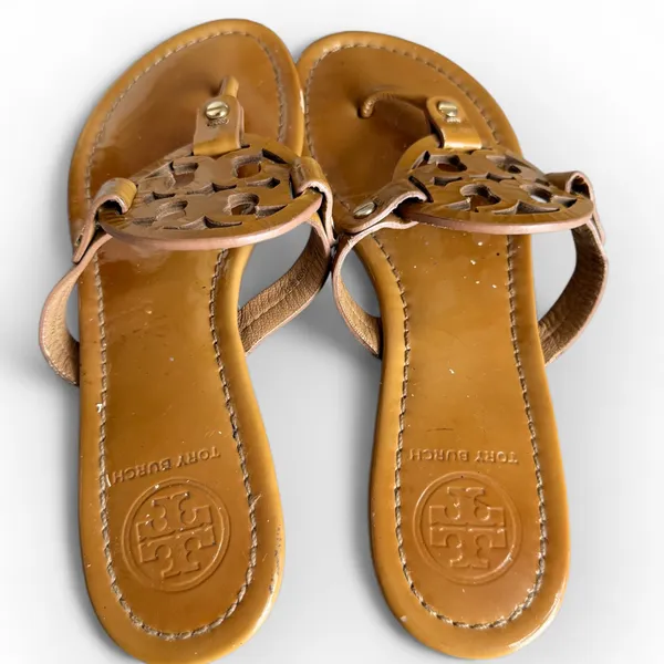 Tory Burch Tan Miller Sandals – Leather Logo Flats - Image 7