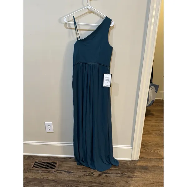 Adrianna Papell One Shoulder Chiffon Long Gown Hunter Size 8 Formal Wedding - Image 4