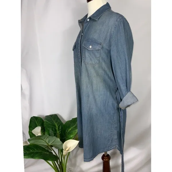 Universal Threads Blue Faded Button Down Raw Hem Belted Denim Casual Dress Small - Image 5