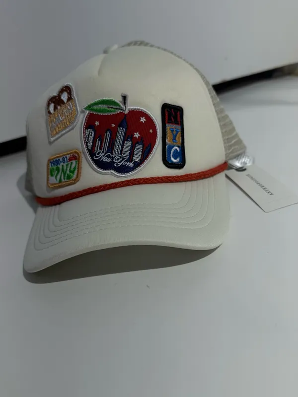 NWT Anthropologie Women’s Cream Trucker Hat with Red Apple Multicolor Patches - Image 2