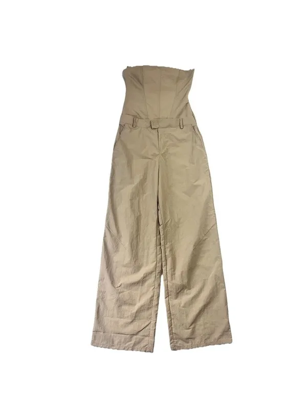 Zara Strapless Jumpsuit Off The Shoulder Wide Leg Khaki Size S Blogger Fav New - Image 3