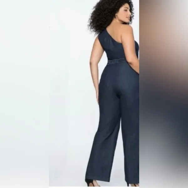Eloquii One Shoulder Ruffle‎ Denim Jumpsuit in Blue Size 24 - Image 10