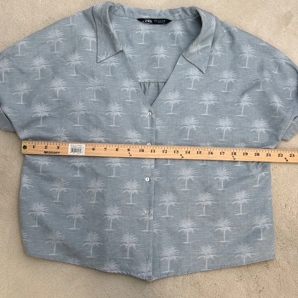 Zara Blue Palm Tree Print Button Down Short Sleeve Collared Blouse Shirt Top M - Image 8