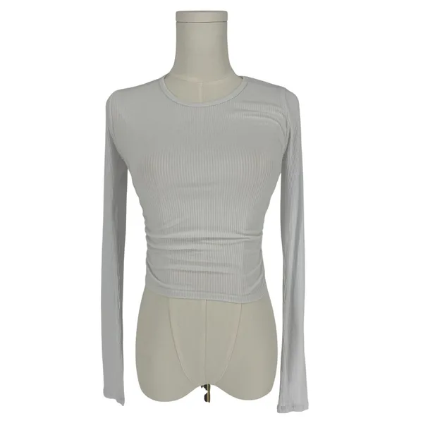 Alo Yoga Gather Long Sleeve White Ribbed Ruched Crop Top XS - Image 3