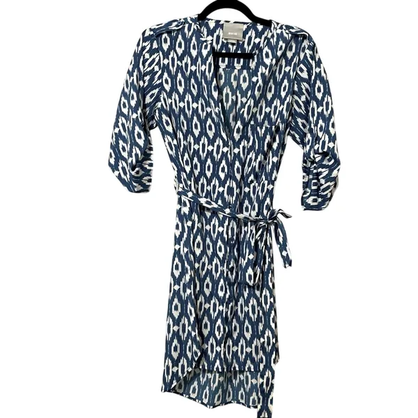 Maeve Blue Ikat Print 3/4 Sleeve Mini Shirt Dress Womens XS Belted Boho Anthro - Image 2