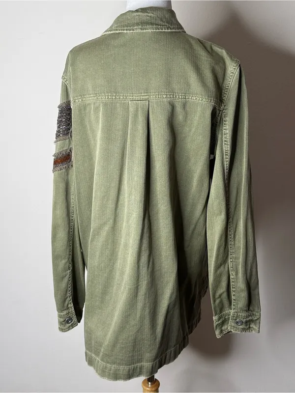 Free People Green Military Embroidered Beaded Shirt Jacket - Image 8