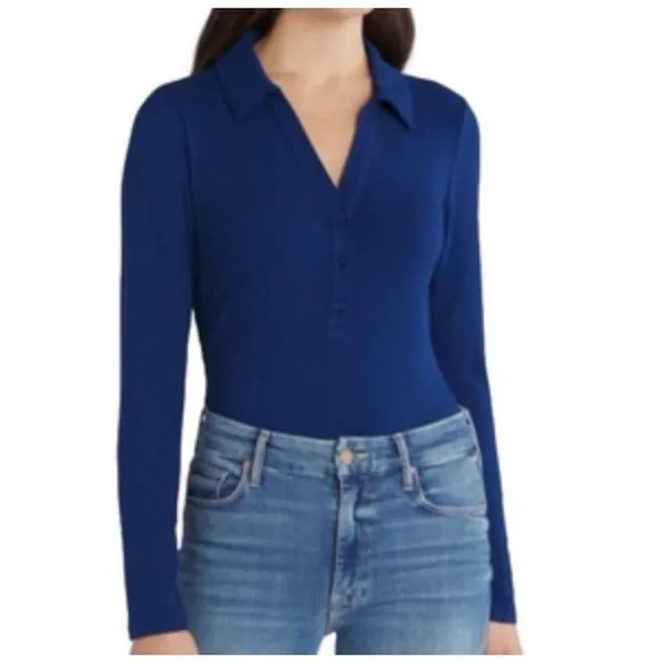 Violets & Roses NWT Women Small Blue Ribbed Knit Long Sleeve Bodysuit Fall Chic - Image 2
