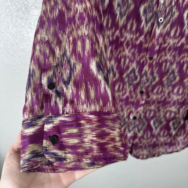 LAUREN Ralph Lauren‎ Womens Medium Silk Cotton Button Up Shirt Purple Ikat Print - Image 3