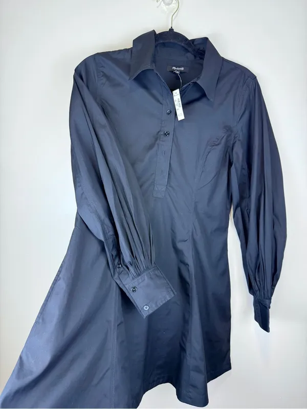 NWT Madewell Cotton Poplin Mini Shirt Dress Black Balloon Sleeve Size 2 - Image 6