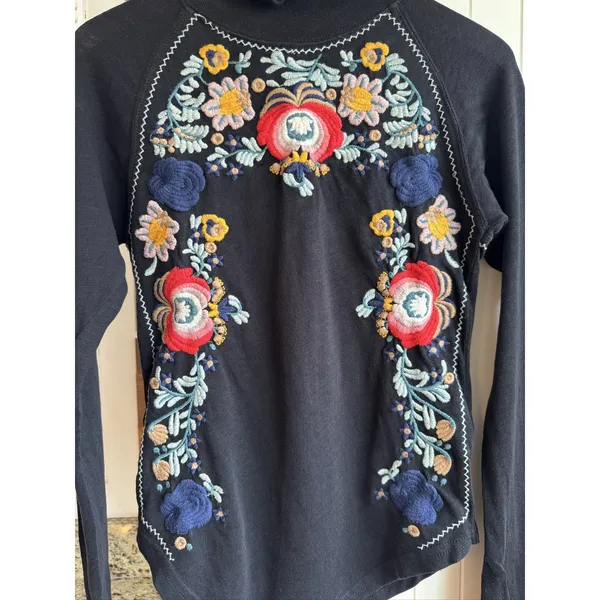Free People Disco Rose Black Embroidered Folk Floral Mock Neck Top XS - Image 5