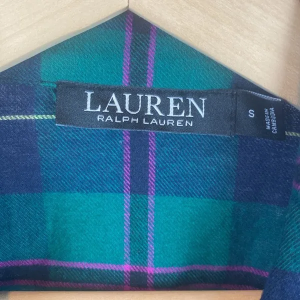 Ralph Lauren Green & Blue Plaid Long Sleeve Button Front Sleep Shirt Dress S - Image 6