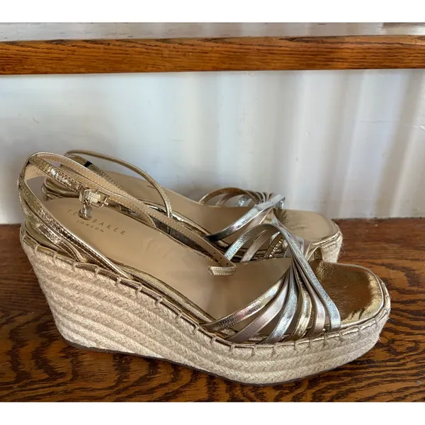 Ted Baker London Metallic Gold Silver Espadrille Wedge Sandals Strappy Heel - Image 2