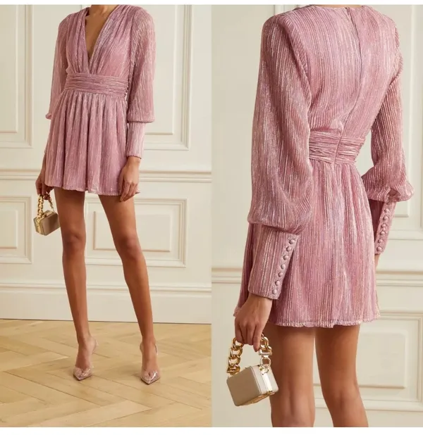 Retrofete Dani Pink Gold Lurex Long Sleeve V-Neck Mini Dress Size Small - Image 2