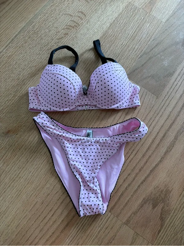 Pink Polka Dot Bikini Set with Black Trim - Image 2