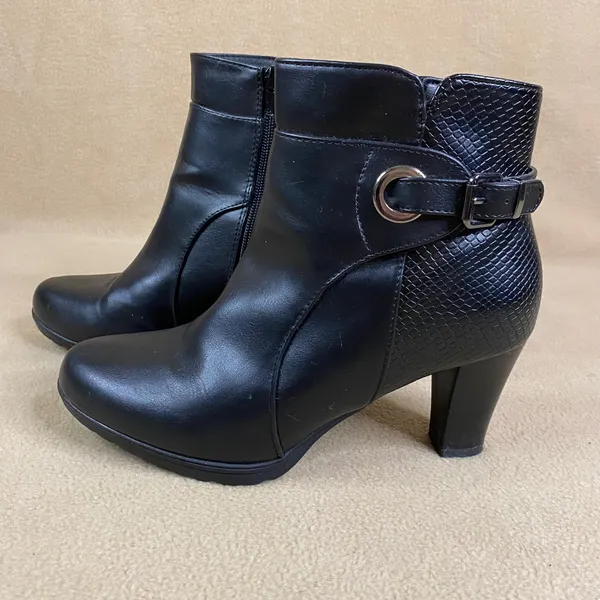 Black Faux Leather Ankle Boots Snake Print Buckle Chunky‎ Heel Zip Women's Sz 9 - Image 4