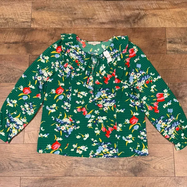 NEW Loft Ann Taylor Floral Bouquet Ruffle Tie-Neck Jacquard Long Sleeve Blouse - Image 2