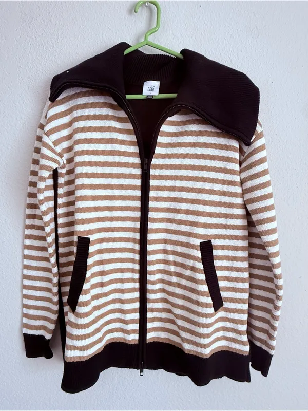 Cabi Mascot Cardigan 6448 Tan White Striped Black Full Zip Sweater - Image 2