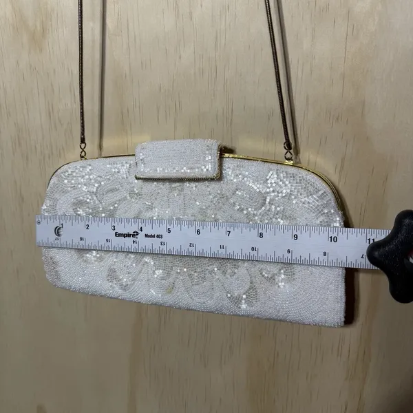 Vintage‎ White Beaded Evening Clutch Purse Wedding Bridal Formal Shoulder Bag - Image 8