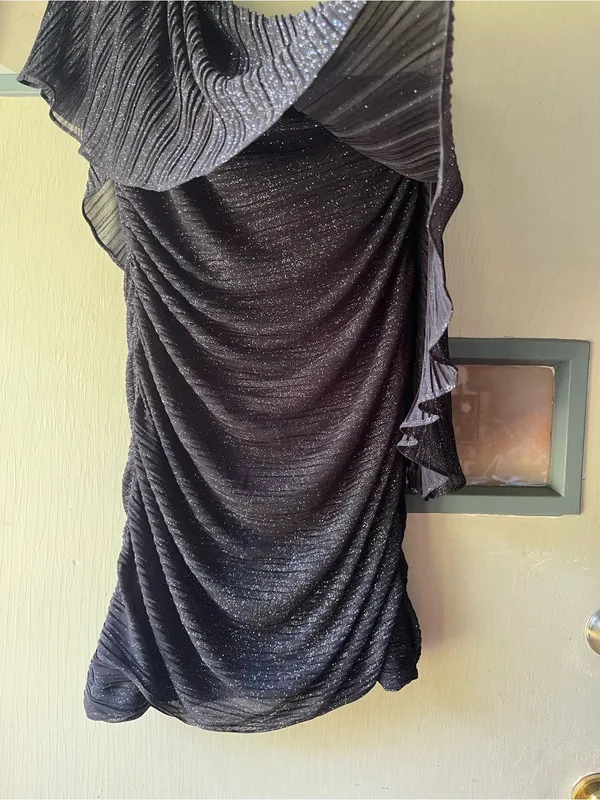 Night Way Collections One-Shoulder Black Sparkle Ruffle Dress - Image 2