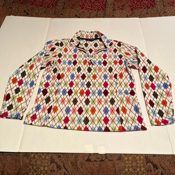 Lands' End Womens Multicolor Argyle Fleece‎ Quarter Zip Pullover Size Small - Image 10