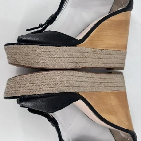 Coach Gala Black Leather Wedges Espadrille Wood Size 10 Peep toe T Strap Sandals - Image 7