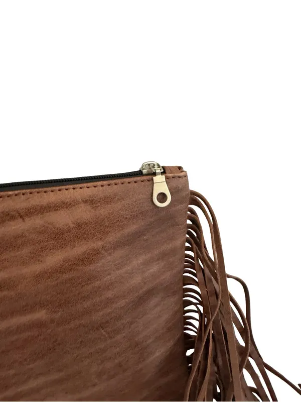 Gift From Morocco Brown Faux Leather Clutch Bag Purse Fringe Handbag Vegan - Image 11