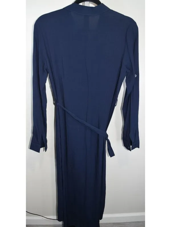 SHEIN Shirt Dress Womens Small Navy Blue Belted Long Sleeve Midi Wrap Style - Image 2