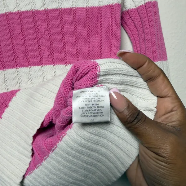 VTG Y2K Faded Glory Women Preppy Sweater XS Pink White Striped Cable Knit - Image 5