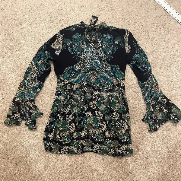 Free People XS Lady Luck floral paisley bell sleeve tunic dress TLS1 3479 - Image 8