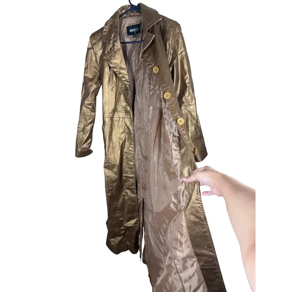Metrostyle Women Metallic Bronze Genuine Leather Trench Coat Long Belted Small - Image 2