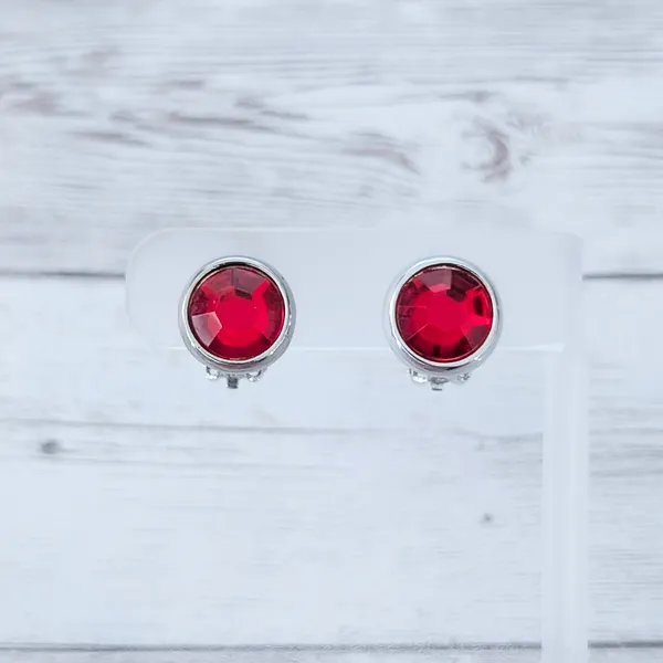 Vintage Clip On Earrings Red Gem with Silver Tone Halo - Image 2