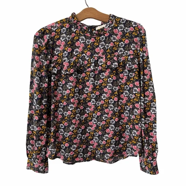 LOFT Cottagecore Floral Blouse Ruffle Bib Keyhole Dark Academia Vintage Style M - Image 2