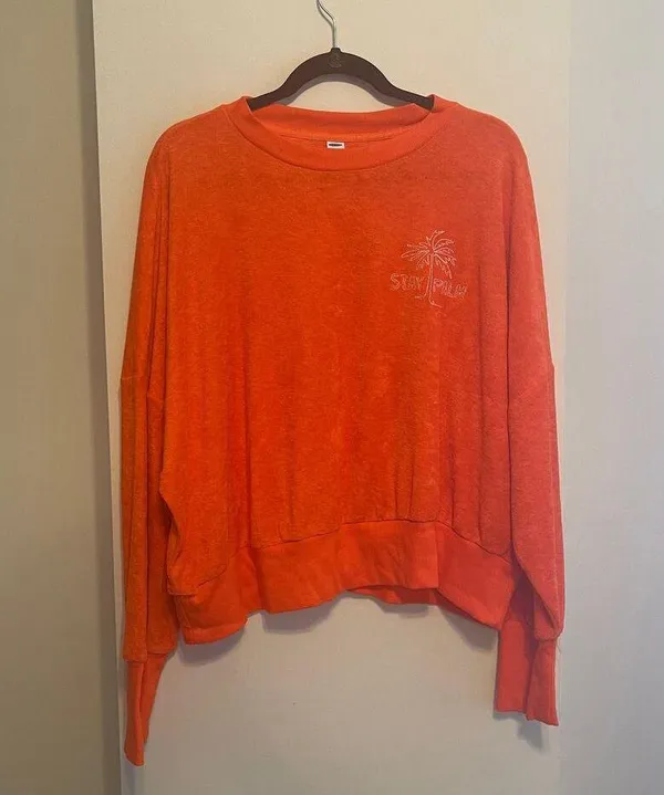 Old Navy Orange Loose Cropped Long-Sleeve Performance Slub-Knit Terry Sweatshirt - Image 2