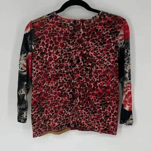 LR Women's Boho Artsy‎ Knit Top L Silk Black Red Floral Baroque Y2K Long Sleeve - Image 6