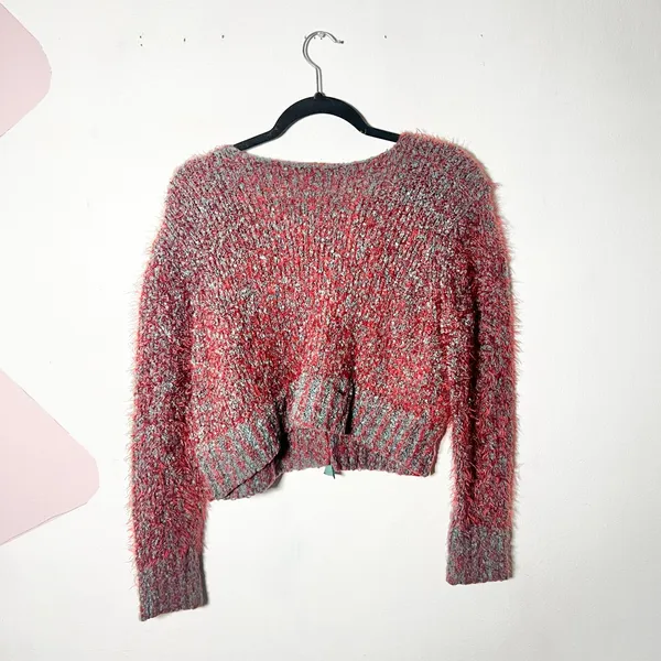 Natural Life Cardigan Sweater Women's L/XL Red Eyelash Knit Cropped Bow - Image 2