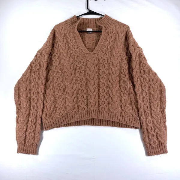 Grandma-Core Sweater A New Day Brown Cable Knit V-Neck Wool Blend Size Medium - Image 2