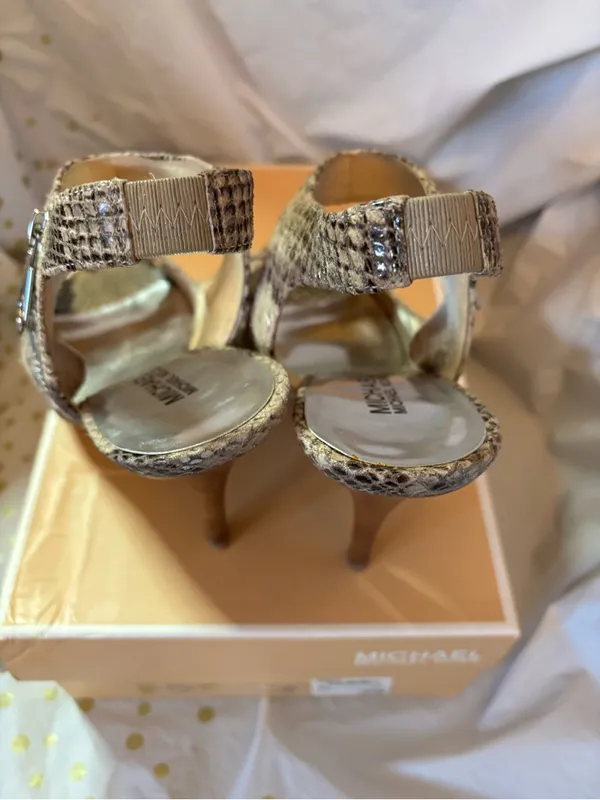 Michael Kors Snake-Print Open-Toe Slingback Heels in Brown and Tan - Image 5