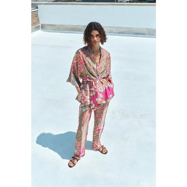 Zara Multicolor Satin Silk Paisley Print Duster Wrap Kimono Caftan Top Jacket - Image 3