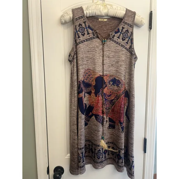 GM Women’s L/XL Boho Elephant Print Sleeveless Tunic Dress Feather Tie Brown Top - Image 16