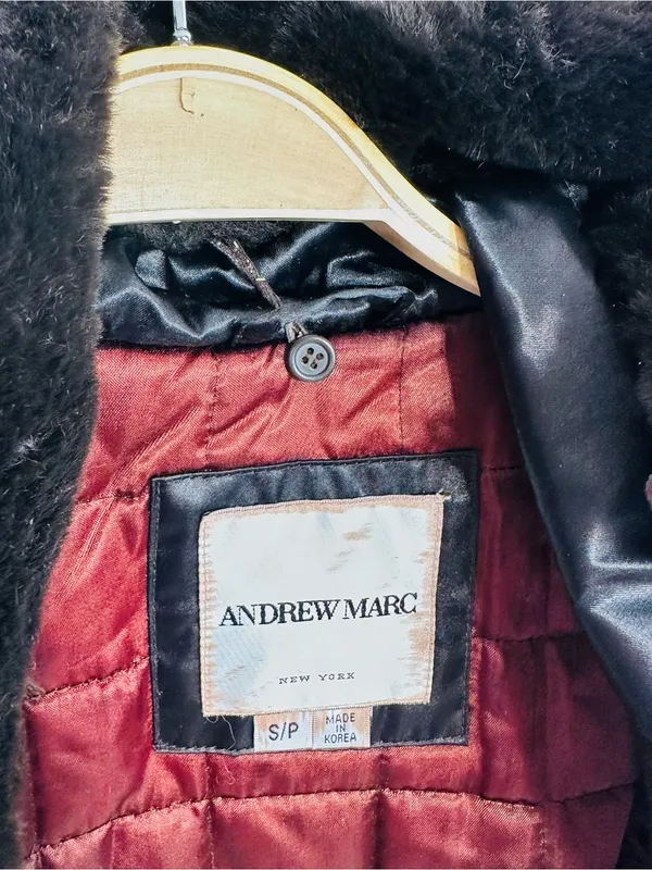 Andrew Marc Black Trench Coat with Brown Fur Collar - Image 13